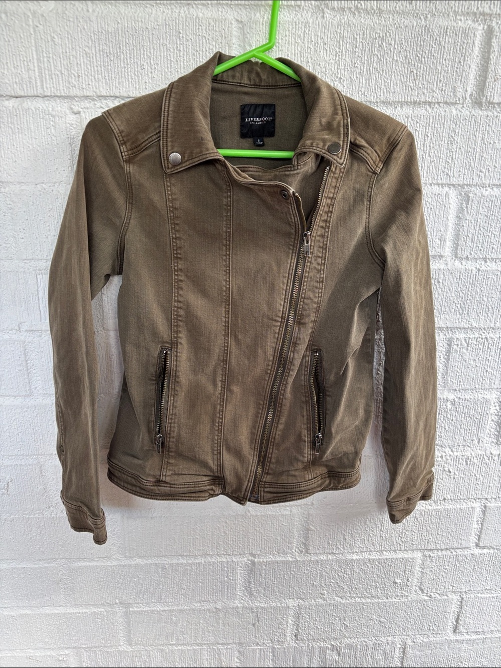 Liverpool Los Angeles Olive Asymmetric Zip Women's Denim Jacket sz S